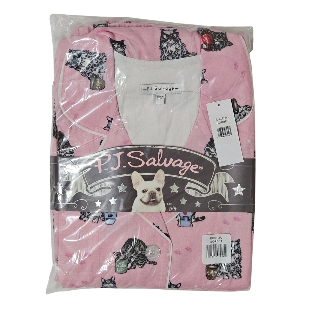 PJ Salvage Flannel Pajama Set Cats Coffee Women Sorbet Top & Pants NWT 🐱🐈☕